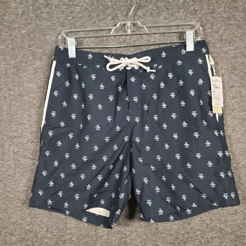 NWT Original Penguin Men's Swim Trunks Size 29 Navy With White Penguins